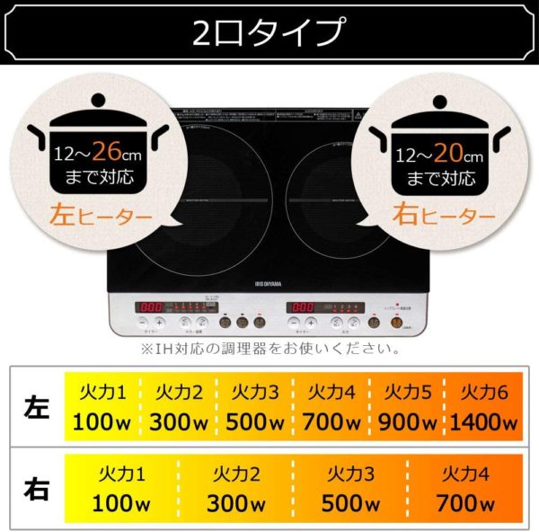 アイリスオーヤマ 2口 IHクッキングヒーター 工事不要 1400W 100V ブラック IHK-W12P-B